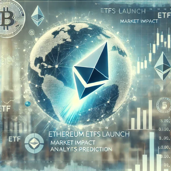 "Digitalna reprezentacija Ethereuma, finansijski grafikoni i ETF simboli za članak o lansiranju Ethereum ETF-ova i uticaju na tržište"
