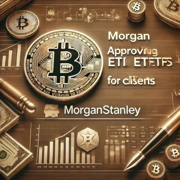 Ilustracija odobrenja Bitcoin ETF-ova u Morgan Stanleyju, s finansijskim grafikonima i simbolima digitalnih valuta u smeđim tonovima.