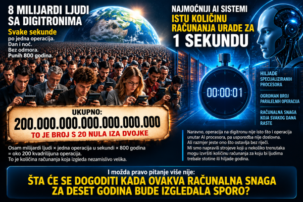 Ilustracija usporedbe računanja osam milijardi ljudi tokom 800 godina s računalnom snagom modernih AI sistema