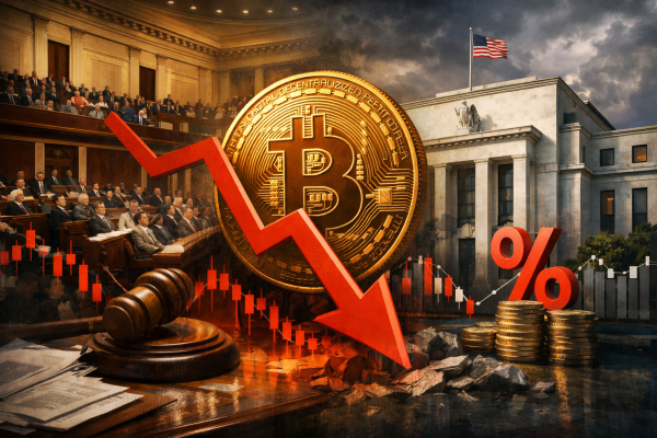 Senat glasa o CLARITY Actu dok Fed najavljuje podizanje kamate — volatilnost prijeti Bitcoinu — ilustracija COIN.BA