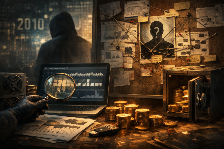 Istraživanja povezuju oko 1,1M BTC s ranom rudarskom operacijom, ali vlasnik ostaje nepoznat — ilustracija COIN.BA