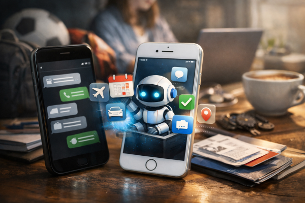 AI agenti koji žive u porukama: asistenti sve češće obavljaju zadatke preko SMS-a i iMessagea — ilustracija COIN.BA