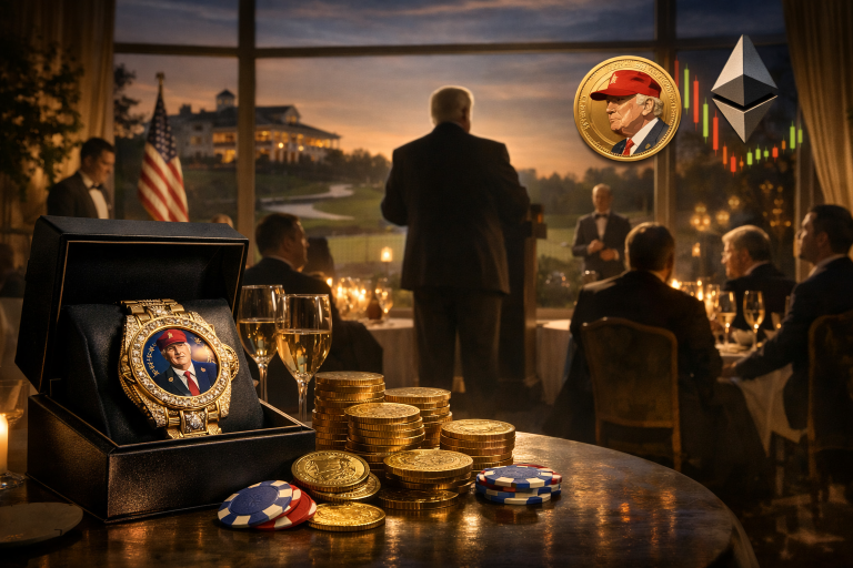 Trump organizuje gala večeru za 185 najvećih nosilaca TRUMP meme coina 22. novembra — ilustracija COIN.BA