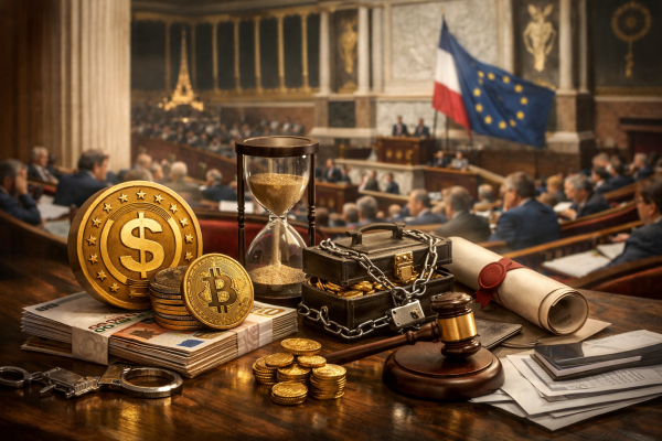 Francuski Odbor za finansije podržao oporezivanje konverzija u MiCA-stabilne coine i proširenje exit-takse, ali amandmani još nisu zakon — ilustracija COIN.BA