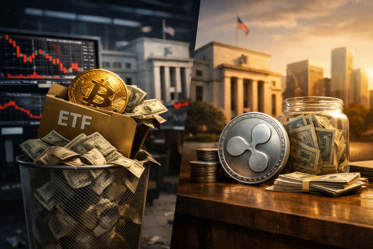 Bitcoin ETF-ovi zabilježili neto odliv od ~261 milijuna dolara, XRP fondovi izdvojeni pozitivnim prilivima — ilustracija COIN.BA